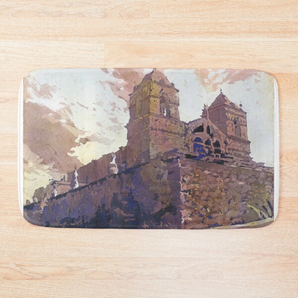 Item preview, Spanish church in small town in Colca Canyon, Peru.  Watercolor painting church Peru artwork designed and sold by rfoxphoto.