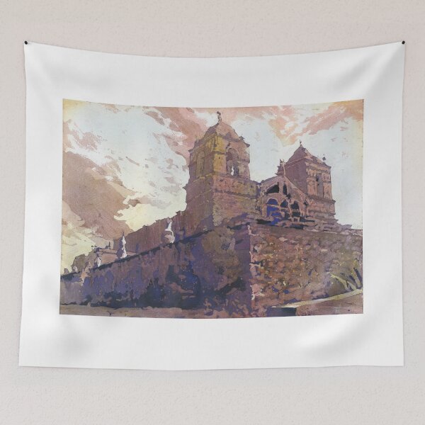 Item preview, Spanish church in small town in Colca Canyon, Peru.  Watercolor painting church Peru artwork designed and sold by rfoxphoto.