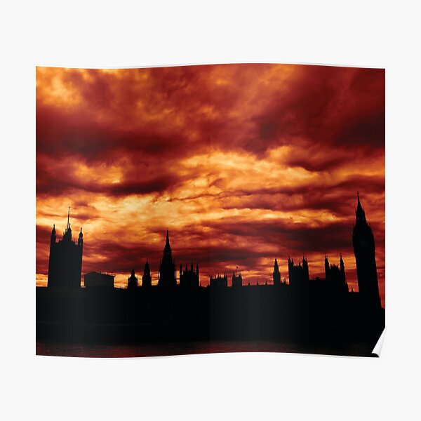 Second Dramatic Houses of Parliament At Dusk With Orange Clouds Poster