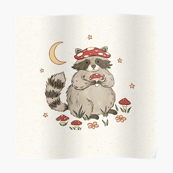 Raccoon with Mushrooms Poster
