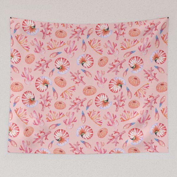 Item preview, Colorfull sea corals and nautilus shells watercolor pattern on pink designed and sold by AnjeseAnna.