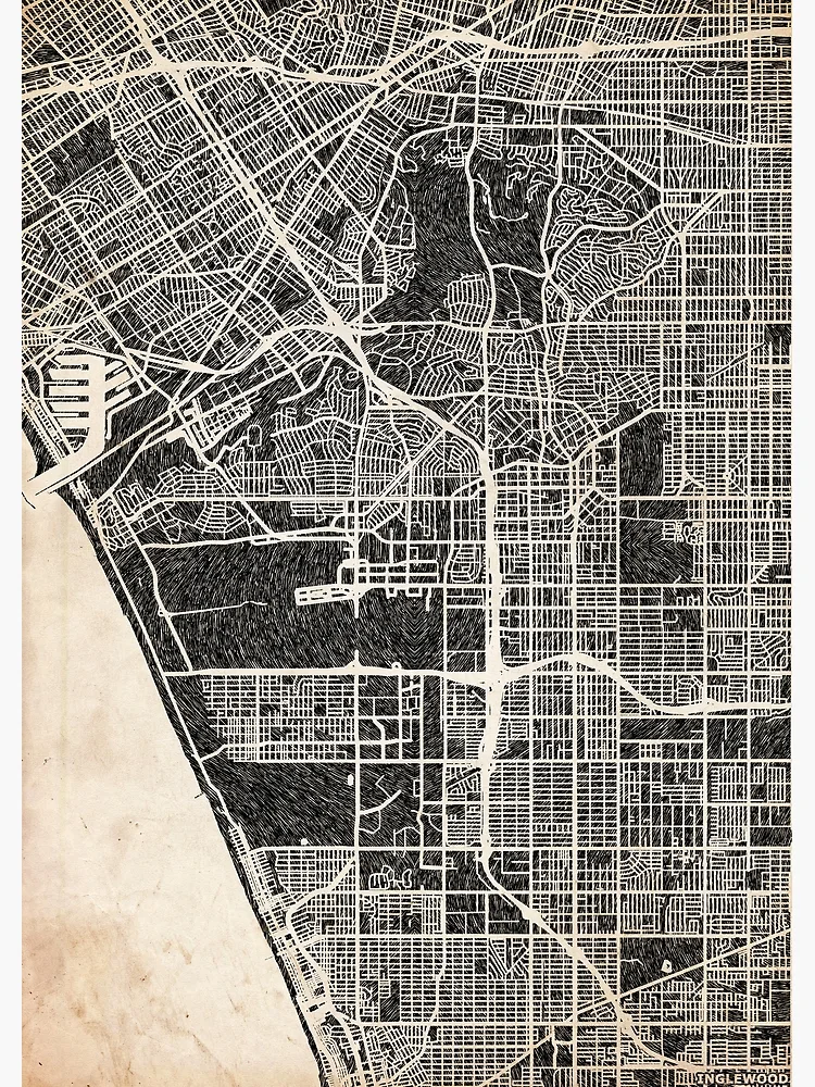 Aperçu 3 sur 3. Poster avec l'œuvre Inglewood map California Ink lines 2 créée et vendue par InkMaps.
