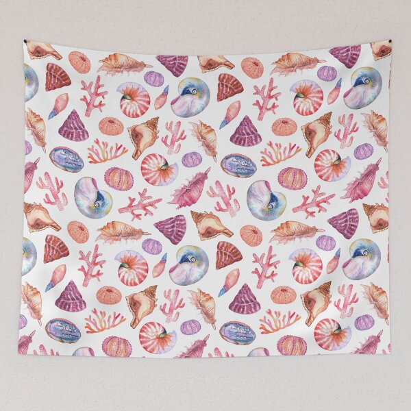 Item preview, Colorfull sea corals and nautilus shells watercolor pattern on white designed and sold by AnjeseAnna.