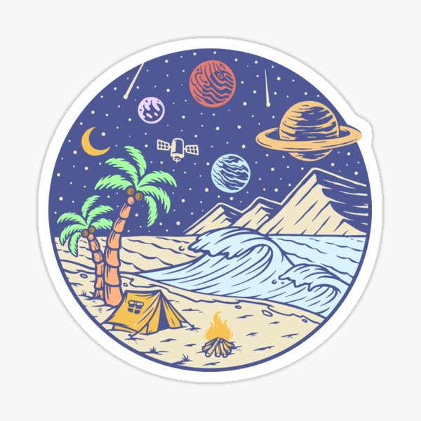 Camping under the moon and Planets - hand drawn Sticker