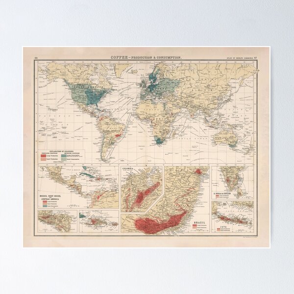 Item preview, Old Coffee Farming & Consumption World Map (1907) Vintage Agricultural Commodity Atlas designed and sold by BravuraMedia.