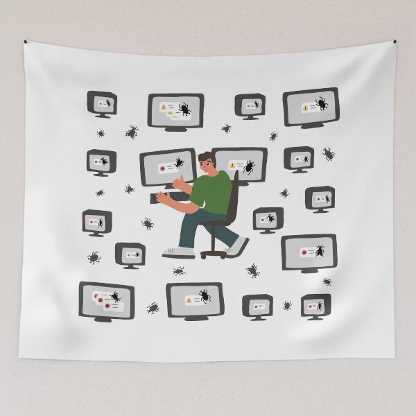 Item preview, Bug on the monitor screen and man near computer is happy, shows thumb up sign designed and sold by essskina.