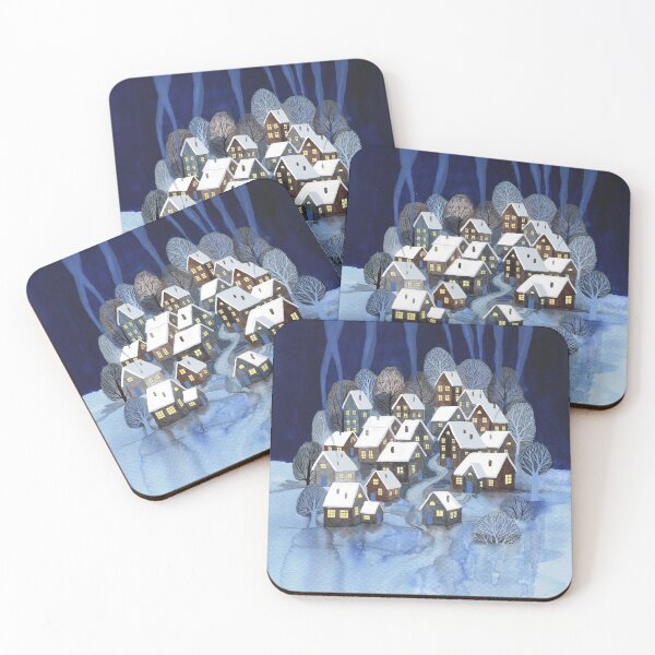 Item preview, Winter night village with smoking chimneys, Christmas designed and sold by Rebecca Reck Art.