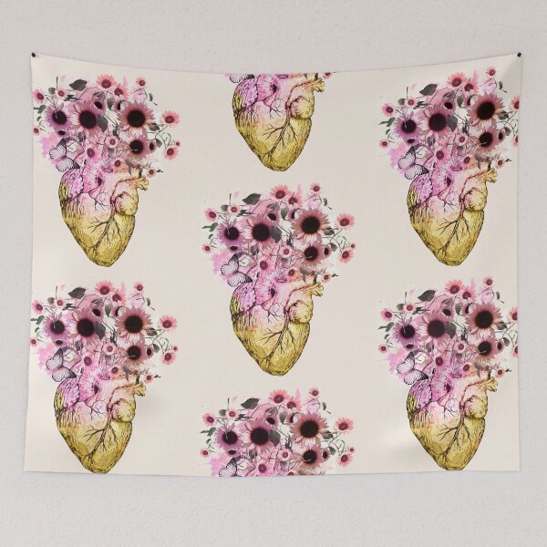 Item preview, Human heart and pink sunflowers, daisies, anatomy illustration, drawing human heart with sweet flowers  designed and sold by Collagedream.