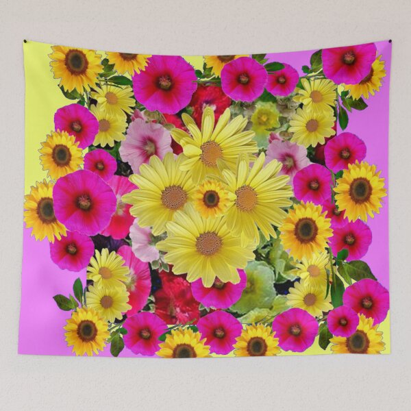 Item preview,  YELLOW SUNFLOWERS & FUCHSIA HOLLYHOCKS GARDEN  PINK ABSTRACT designed and sold by sharlesart.