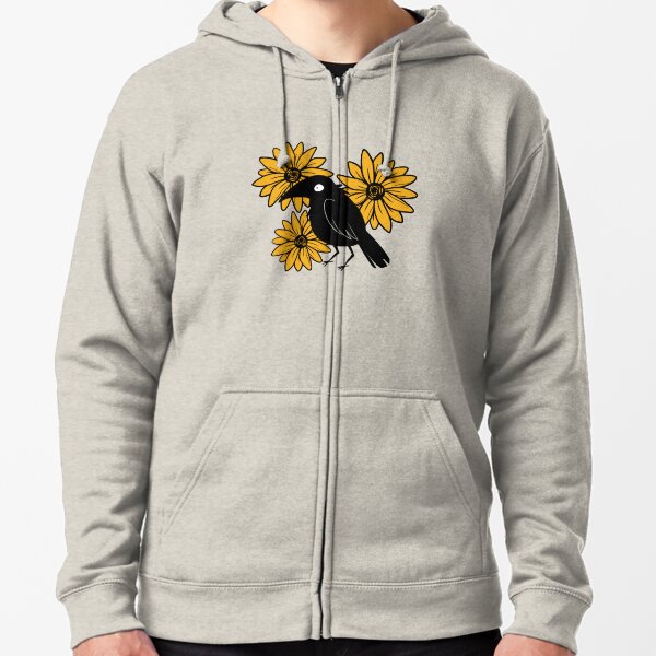 Cuervo y flores de sol Sudadera con capucha y cremallera