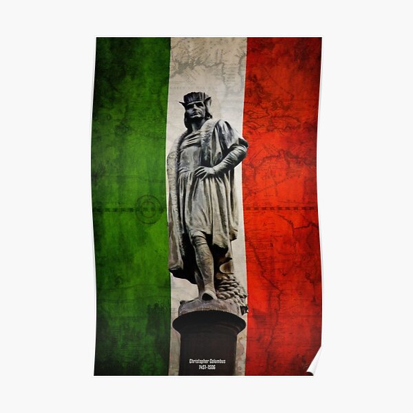Christopher Columbus Statue with Italian Flag Poster