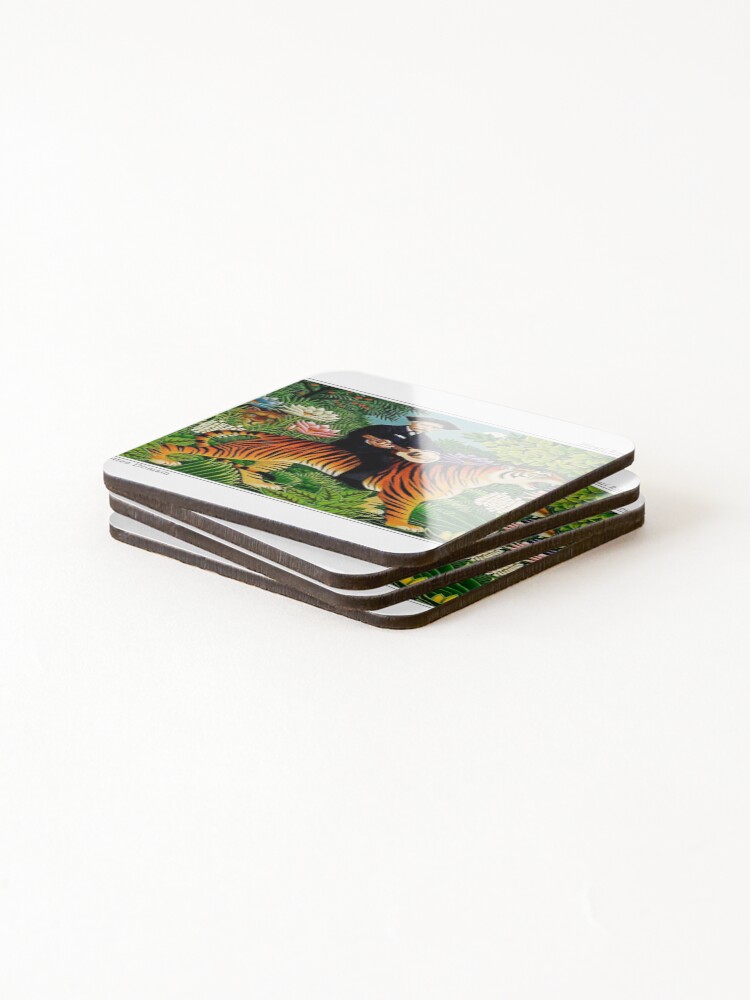 Thumbnail 4 of 5, Coasters (Set of 4), Tiger Riding Ukulele Man - Henri Rousseu designed and sold by ForgottenDomain.