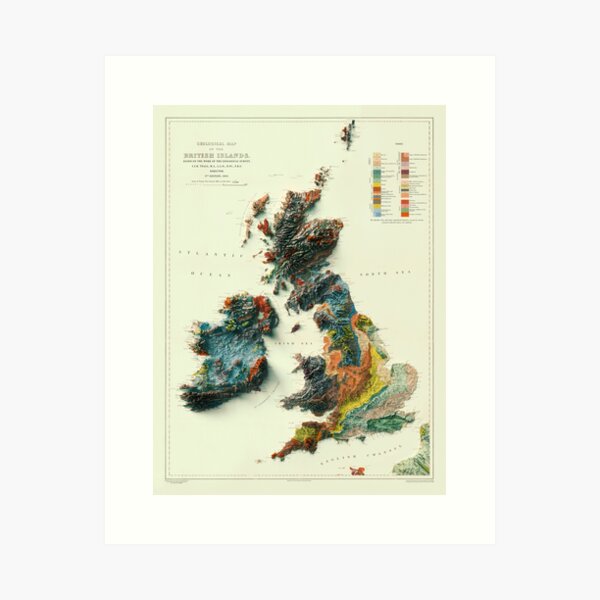 1912 3D Ireland, British Islands and England Geological Map digitally rendered  Art Print