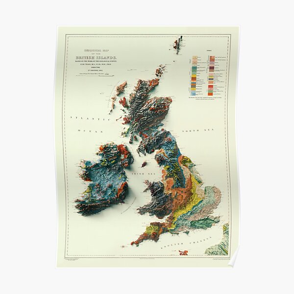 1912 3D Ireland, British Islands and England Geological Map digitally rendered Poster