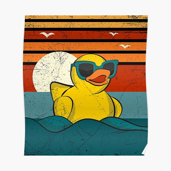 Vintage Retro Sunset Art Of Zoo Cute Yellow Rubber Duckling Bath Toy Rubber Duck Ducky Poster