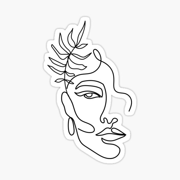 Minimal woman line art. One line woman face with tropical leaf