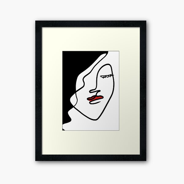 Women face single line art-red and black Framed Art Print