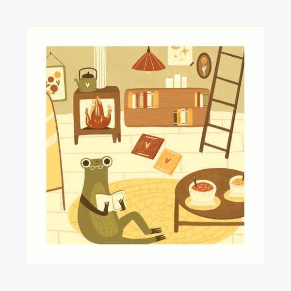Froggie reading a book in her little house Art Print