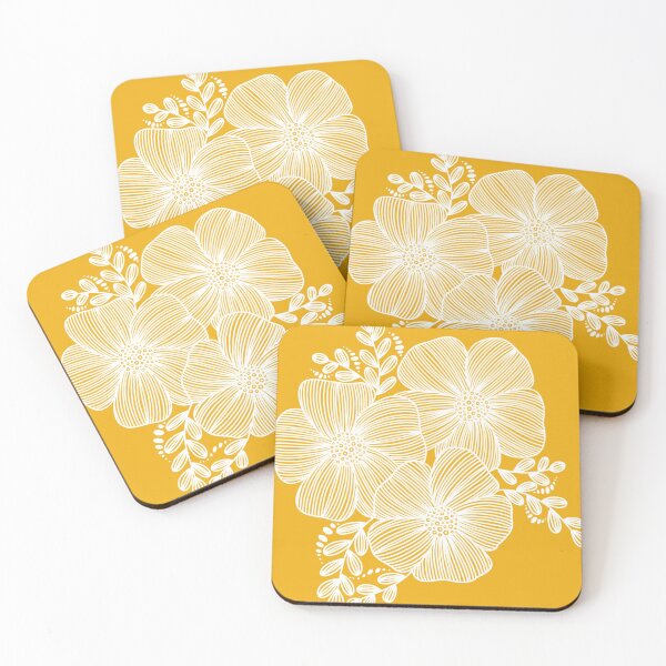 Item preview, White Line drawing flower design on mustard yellow designed and sold by Giulia  Palazzo.
