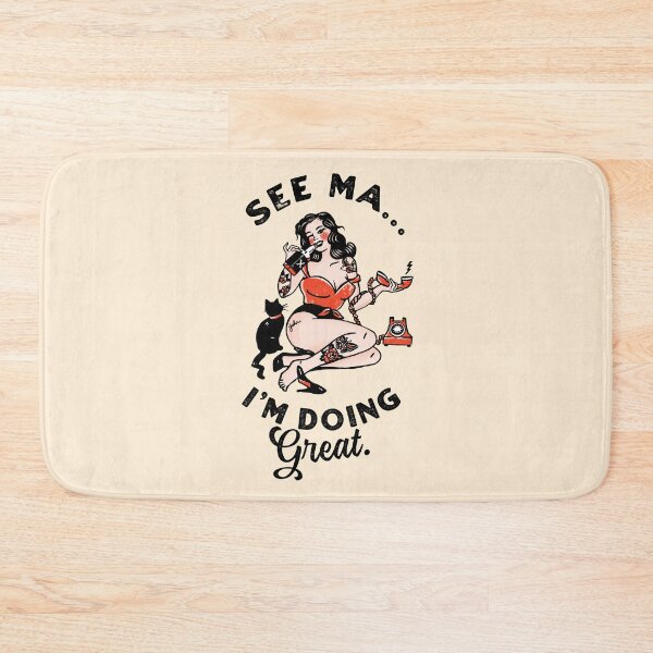 Item preview, "See Ma, I'm Doing Great" Funny Vintage Pin Up Girl Drinking With Her Cat designed and sold by The Whiskey Ginger Design Shop.