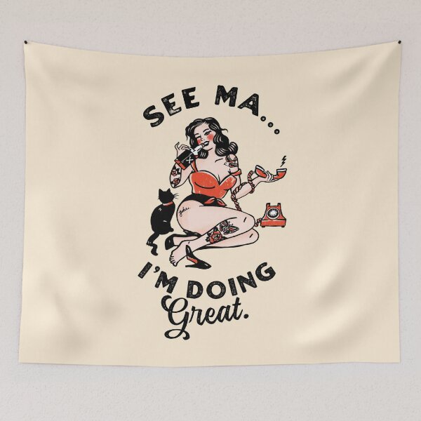 Item preview, "See Ma, I'm Doing Great" Funny Vintage Pin Up Girl Drinking With Her Cat designed and sold by The Whiskey Ginger Design Shop.