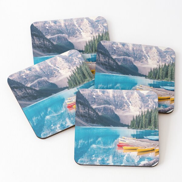 Item preview, Yellow and Red Boats, Beautiful Blue Moraine Lake,  Banff National Park, Alberta, Canada designed and sold by WorldLandscapes.