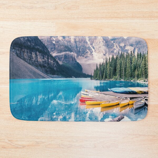 Item preview, Yellow and Red Boats, Beautiful Blue Moraine Lake,  Banff National Park, Alberta, Canada designed and sold by WorldLandscapes.