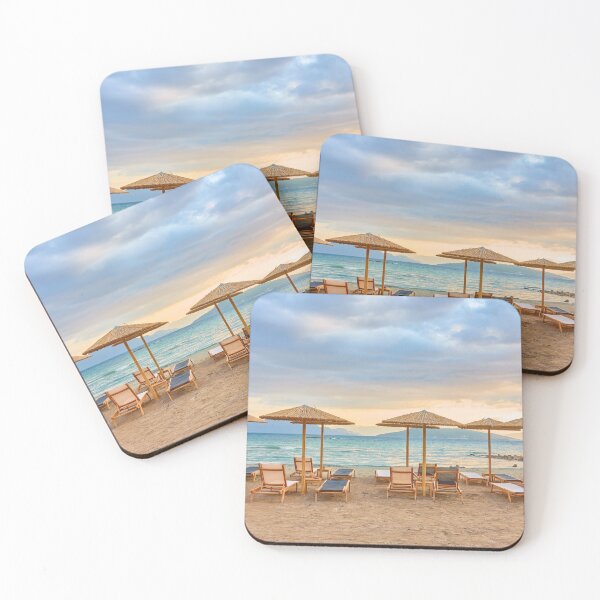 Item preview, Beach with umbrellas by the sea at sunset - landscape designed and sold by vuelo.