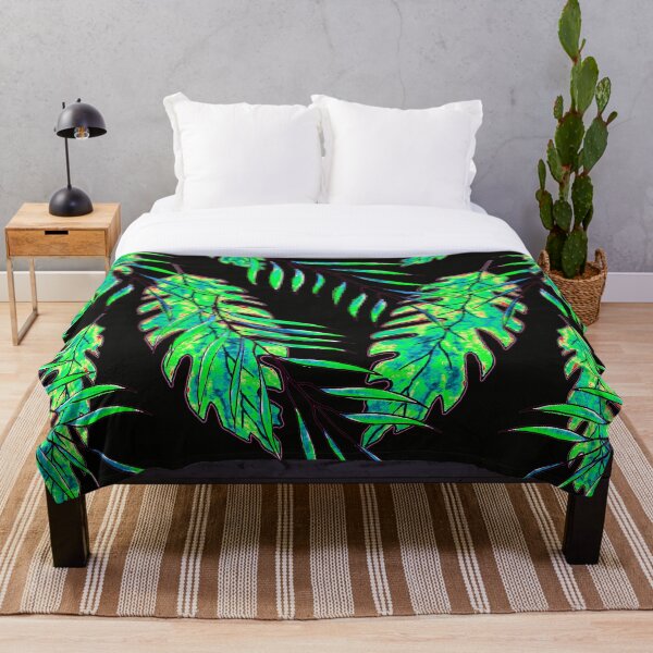 Green Leaves on Black Throw Blanket