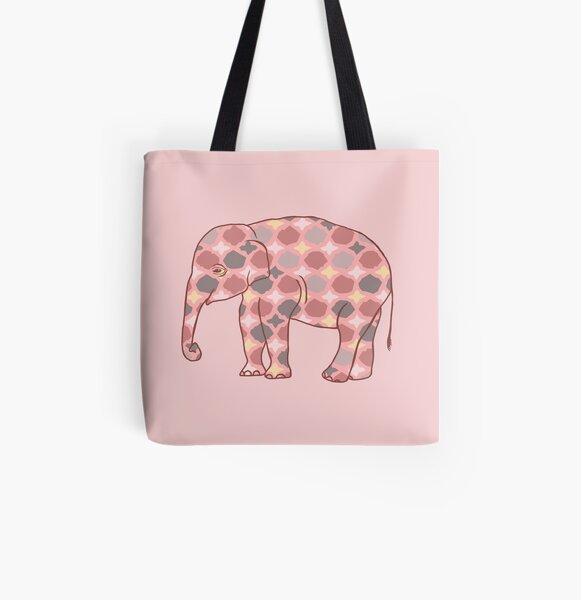 Pink, Gray and Yellow Patterned Elephant Silhouette All Over Print Tote Bag