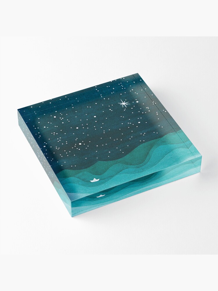 Alternate view of Starry Ocean, teal sailboat watercolor sea waves night Acrylic Block