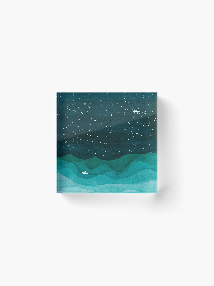 Alternate view of Starry Ocean, teal sailboat watercolor sea waves night Acrylic Block
