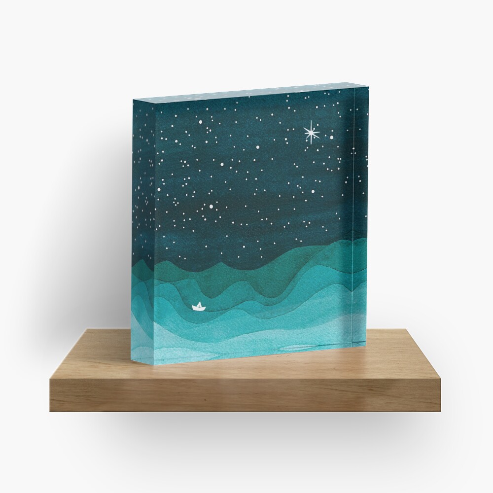 Starry Ocean, teal sailboat watercolor sea waves night Acrylic Block