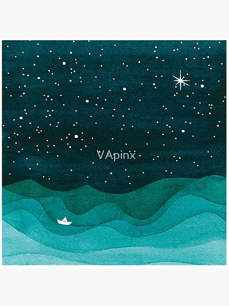 Starry Ocean, teal sailboat watercolor sea waves night by VApinx