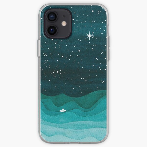 Starry Ocean, teal sailboat watercolor sea waves night iPhone Soft Case