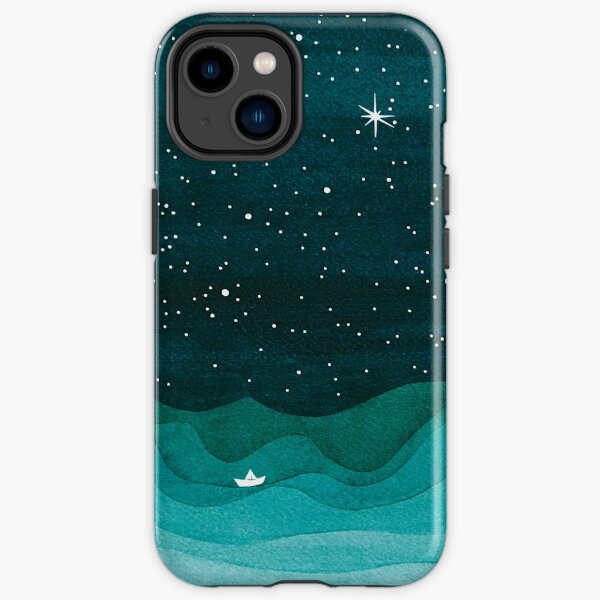 Starry Ocean, teal sailboat watercolor sea waves night iPhone Tough Case