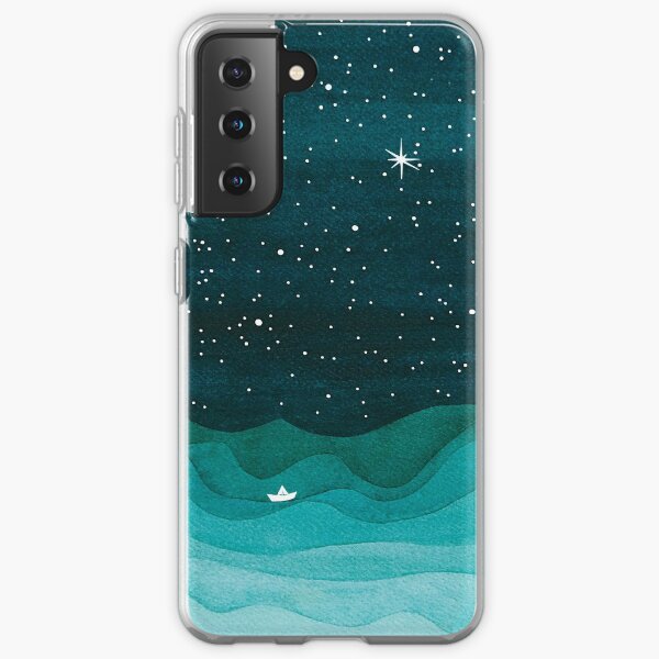 Starry Ocean, teal sailboat watercolor sea waves night Samsung Galaxy Soft Case