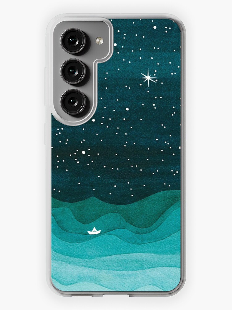 Thumbnail 1 of 4, Samsung Galaxy Phone Case, Starry Ocean, teal sailboat watercolor sea waves night designed and sold by VApinx.
