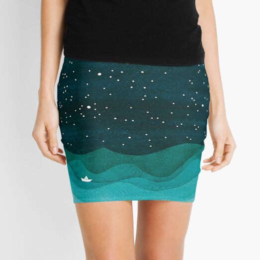 Starry Ocean, teal sailboat watercolor sea waves night Mini Skirt