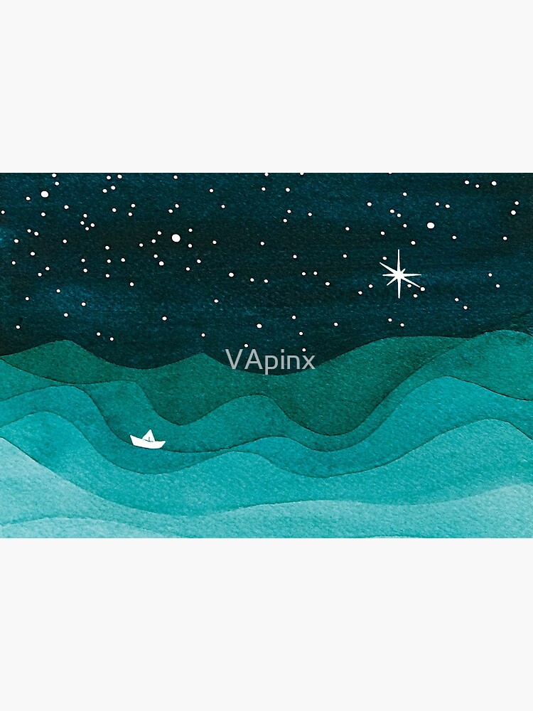 Starry Ocean, teal sailboat watercolor sea waves night by VApinx