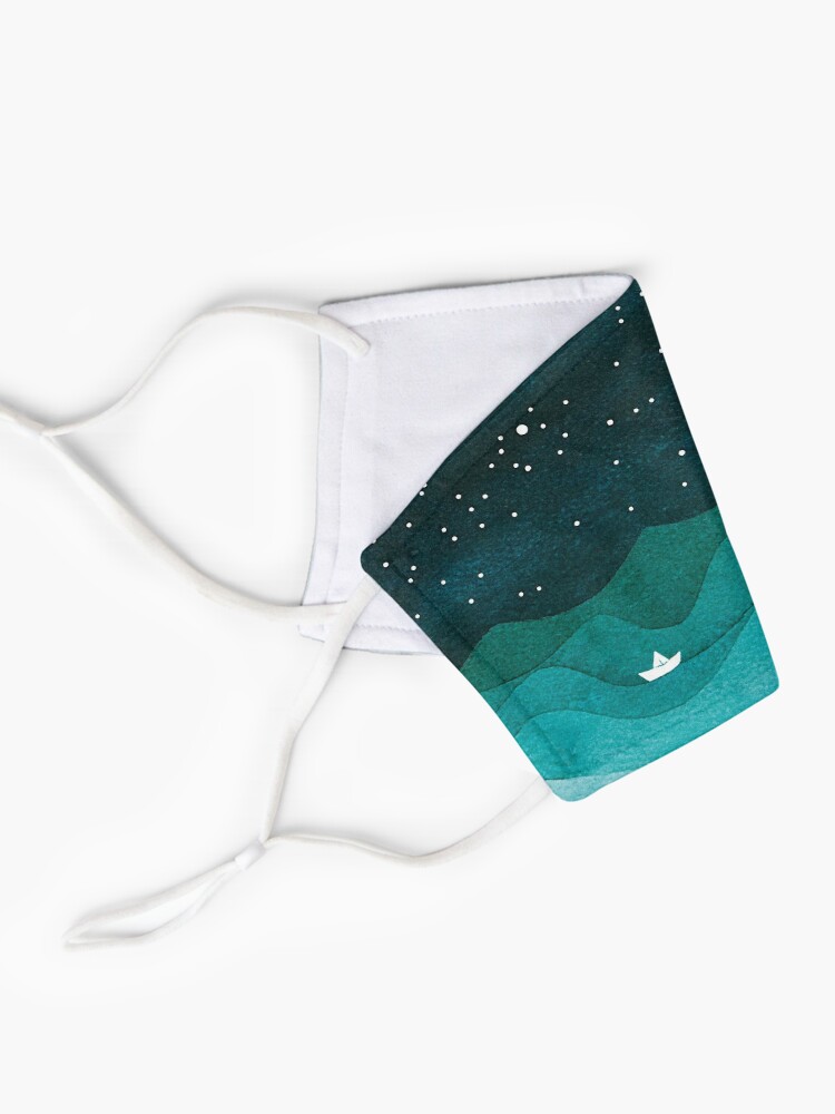 Alternate view of Starry Ocean, teal sailboat watercolor sea waves night Mask