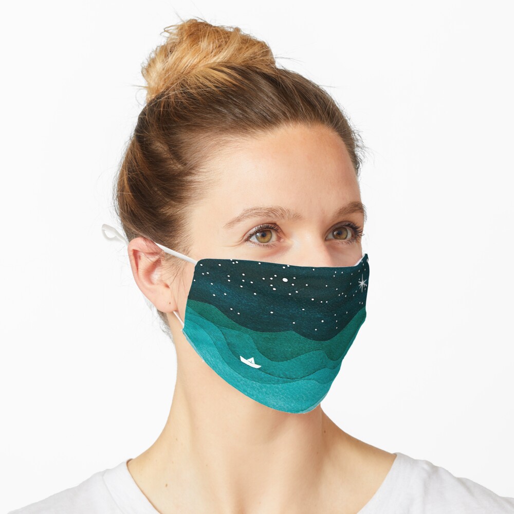 Starry Ocean, teal sailboat watercolor sea waves night Mask