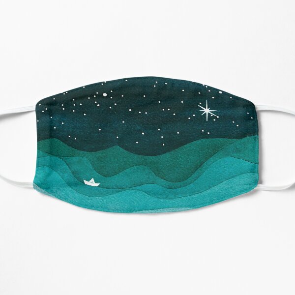 Starry Ocean, teal sailboat watercolor sea waves night Flat Mask