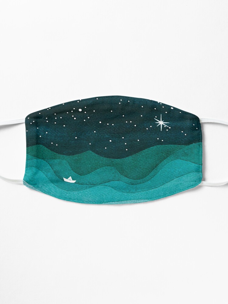 Alternate view of Starry Ocean, teal sailboat watercolor sea waves night Mask