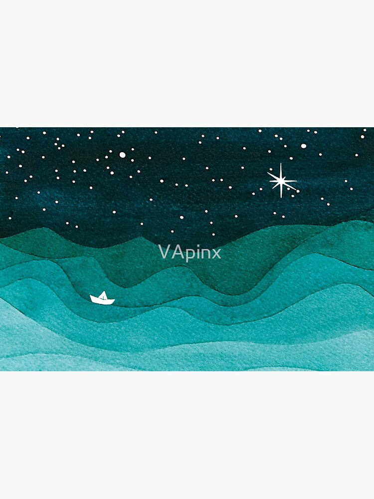 Aperçu 4 sur 4. Pochette avec l'œuvre Océan étoilé, voilier bleu sarcelle aquarelle vagues de la mer nuit créée et vendue par VApinx.