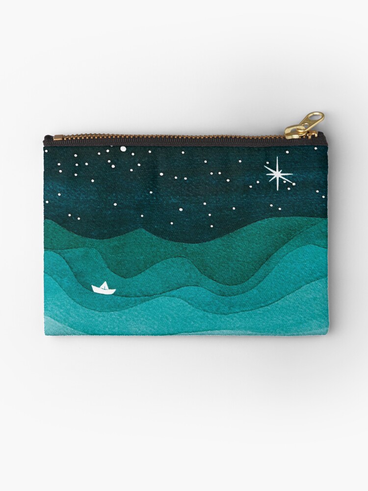 Aperçu 1 sur 4. Pochette avec l'œuvre Océan étoilé, voilier bleu sarcelle aquarelle vagues de la mer nuit créée et vendue par VApinx.
