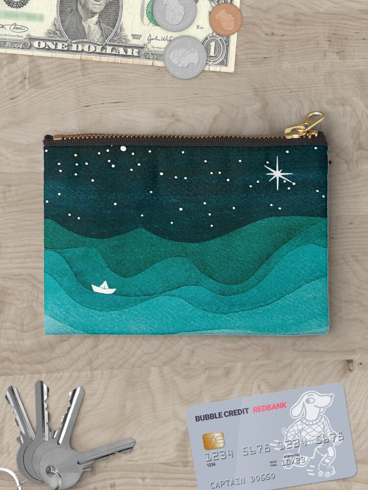 Aperçu 3 sur 4. Pochette avec l'œuvre Océan étoilé, voilier bleu sarcelle aquarelle vagues de la mer nuit créée et vendue par VApinx.