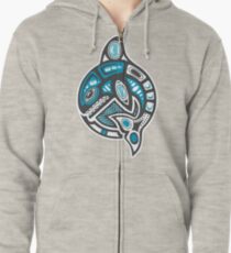 Orca Shamanic Animal Emblem - Grey Blue Zipped Hoodie