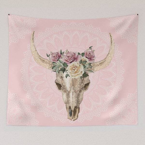 Item preview, Cow Skull and floral roses crown, watercolor style and mandala decorations, boho, bull skull designed and sold by Collagedream.