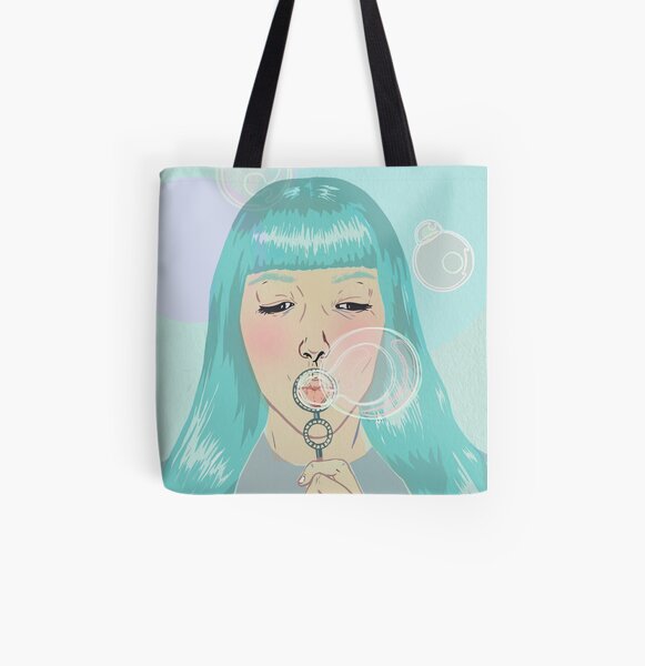 Blue Girl Blowing Bubbles All Over Print Tote Bag